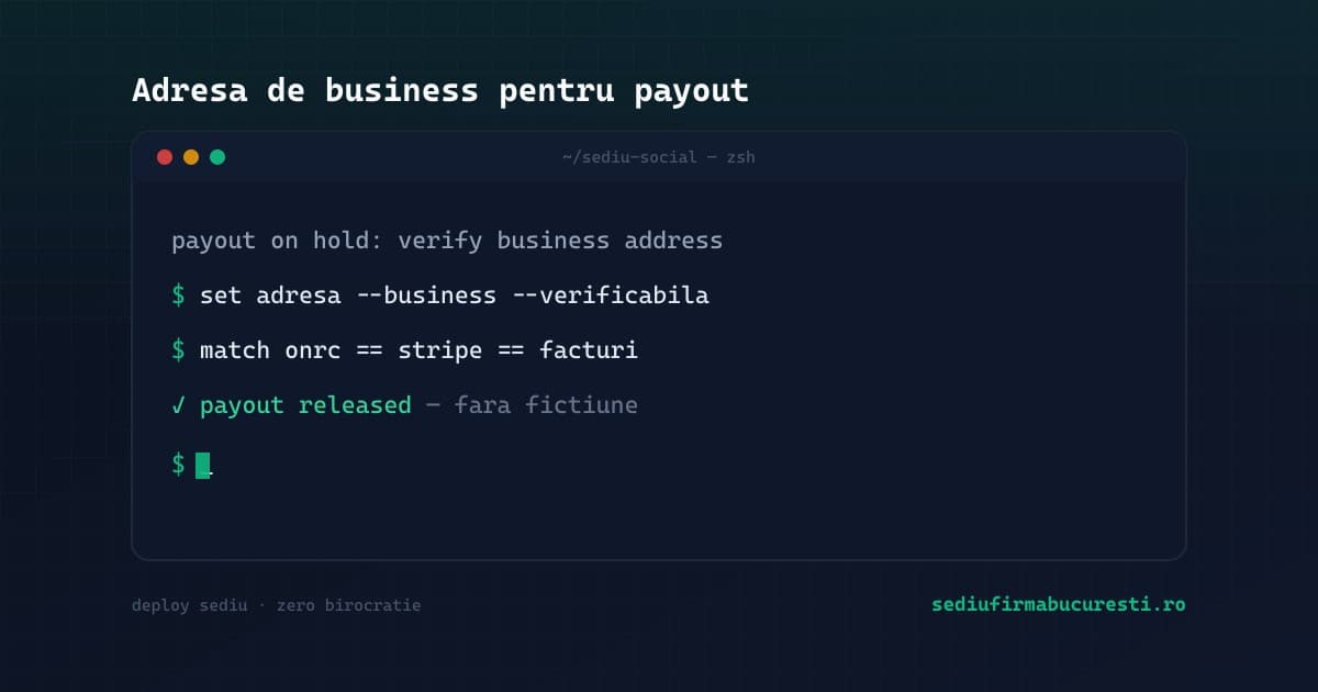 Adresă de business verificabilă pentru Stripe, Wise și Paddle în 2026, fără payout-uri blocate — SediuFirmaBucuresti.ro