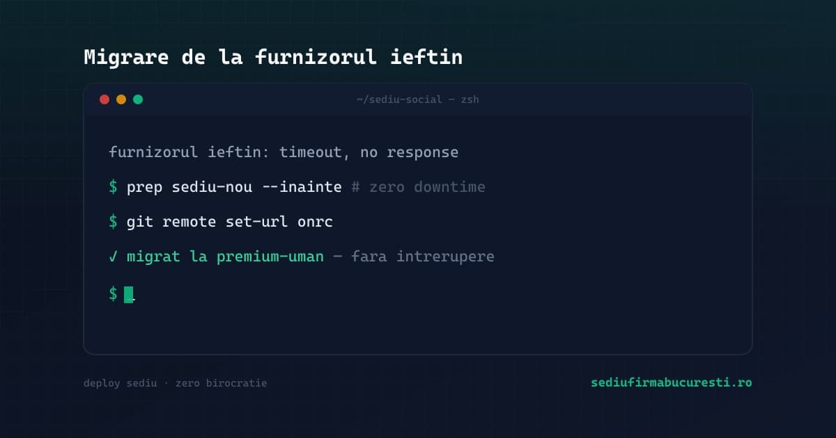 Migrare sediu social de la un furnizor ieftin la unul serios în 2026, fără downtime — SediuFirmaBucuresti.ro