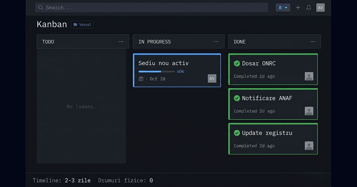 Schimbare sediu social SRL în 2026 — deploy async la noua adresă fără zile pierdute