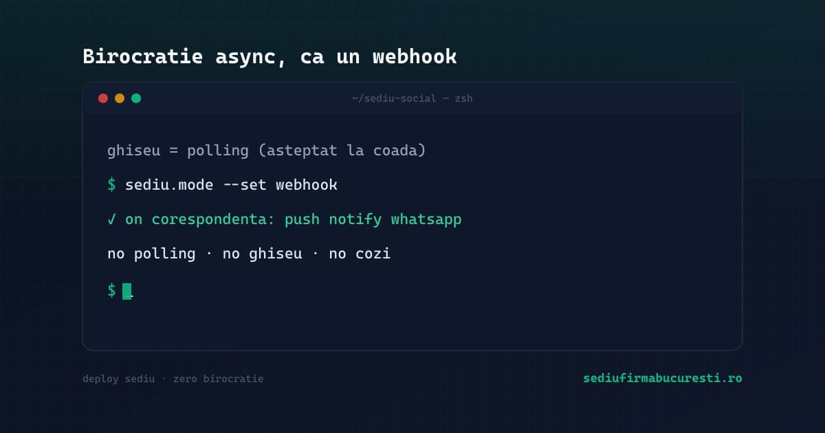 Sediu social digital care funcționează async, ca un webhook cu notificări, nu ca un ghișeu cu polling, în 2026 — SediuFirmaBucuresti.ro