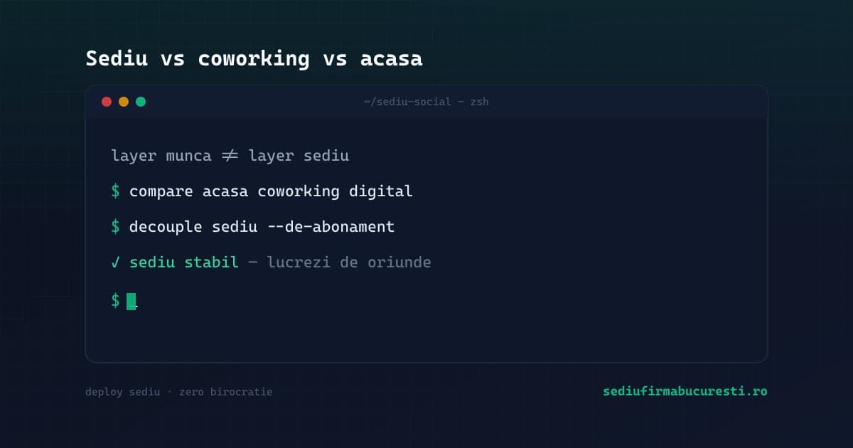 Sediu social vs coworking vs birou acasă pentru freelanceri IT în 2026 — SediuFirmaBucuresti.ro
